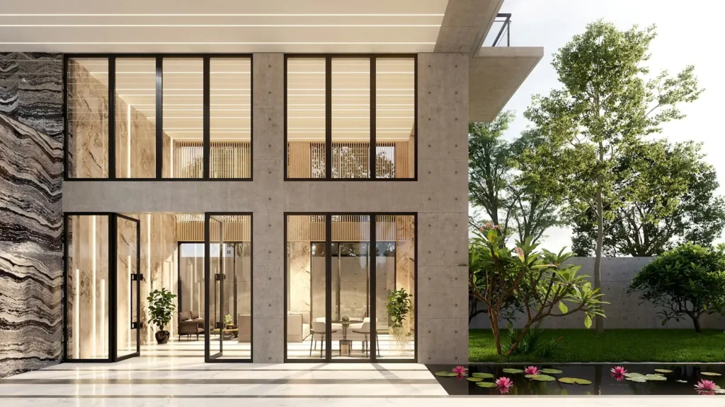 Moderne woning met grote glazen puien naar de tuin